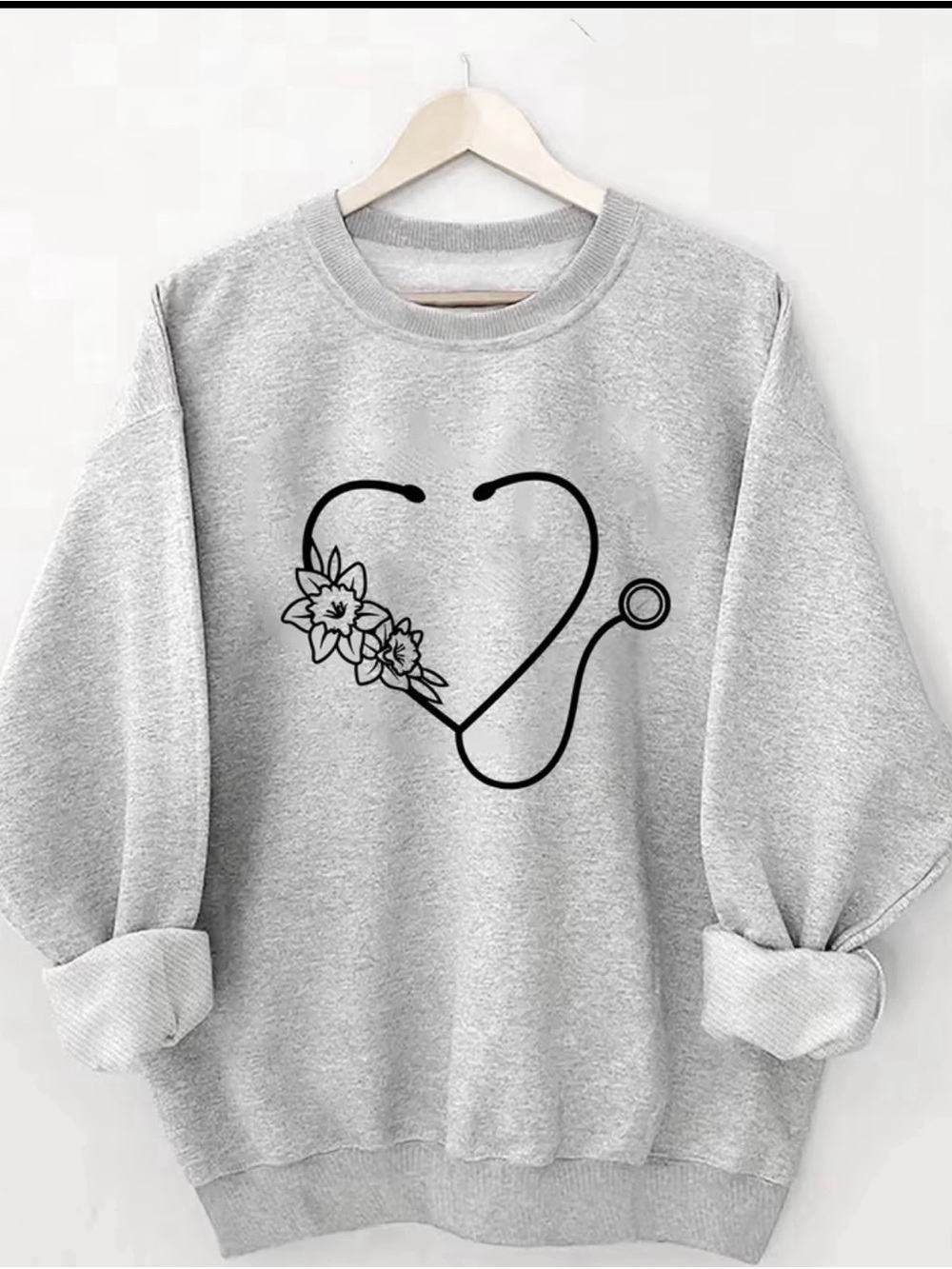 Women's Gray Floral Stethoscope Heart Sweatshirt
